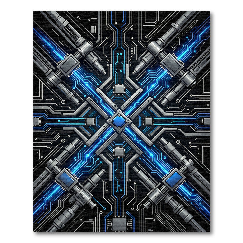Cybernetic Circuitry Blue Metal Symmetry Rug