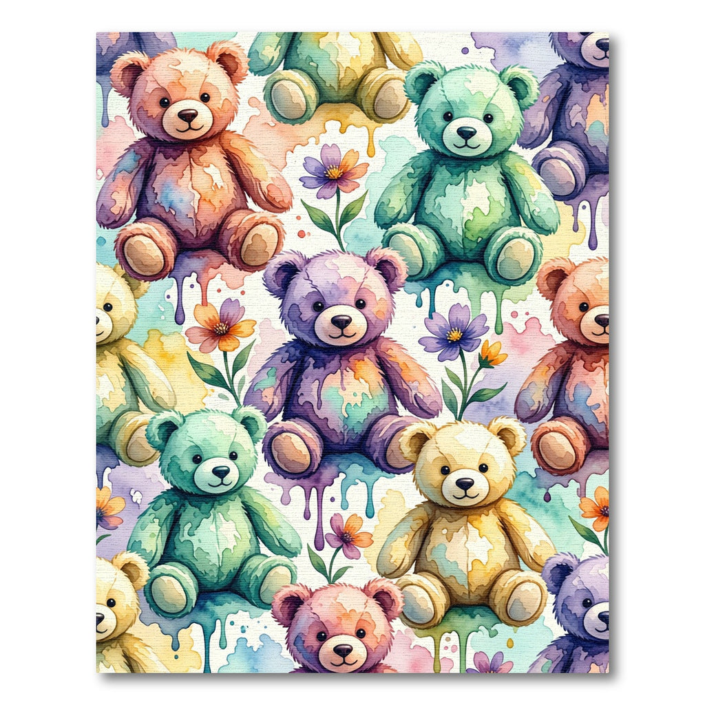 Watercolor Teddy Bear and Flower Field Rug