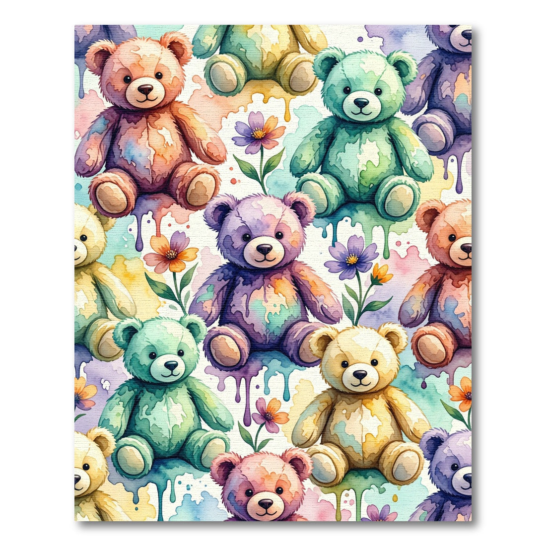Watercolor Teddy Bear and Flower Field Rug