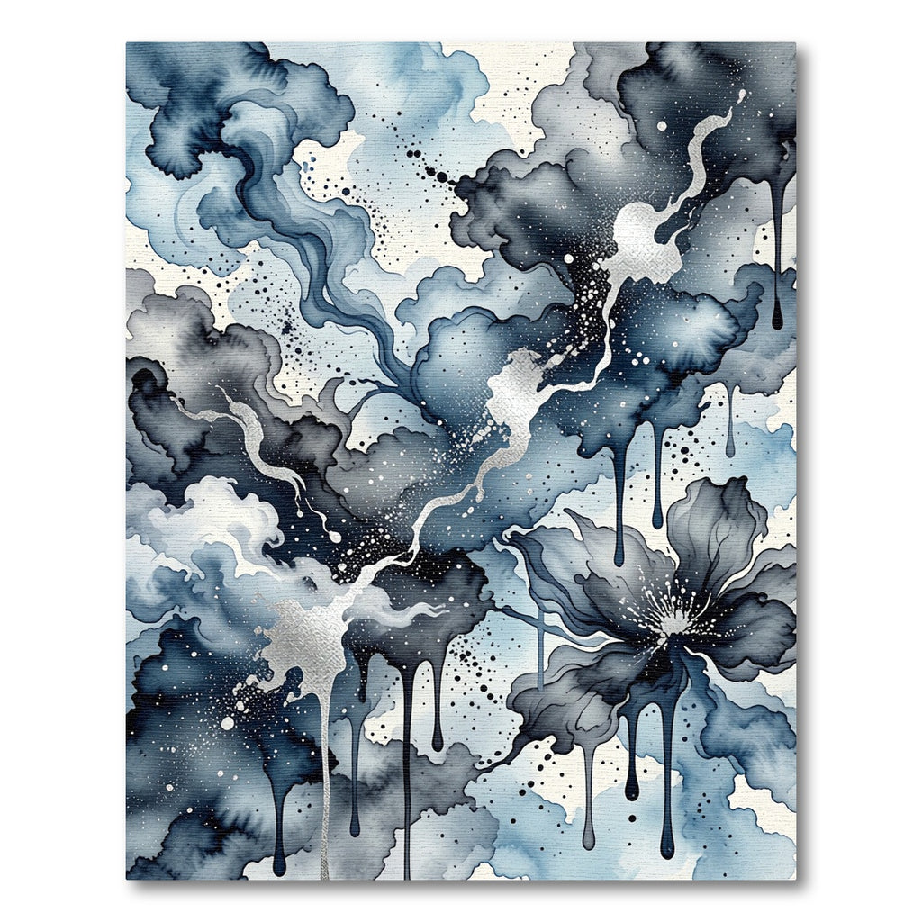 Indigo Gray Floral Ink Drip Rug