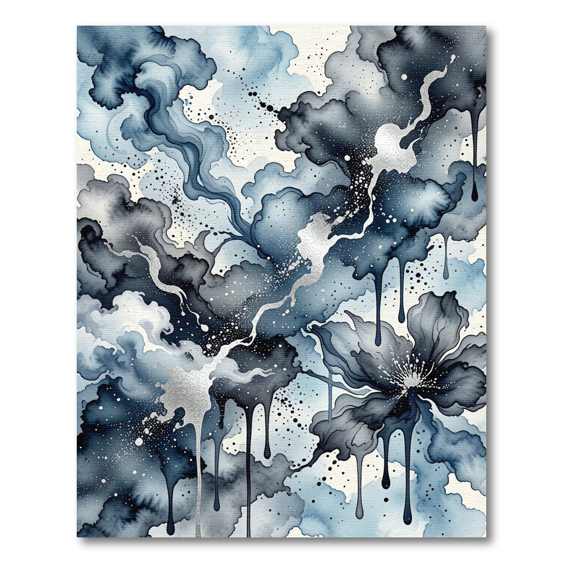 Indigo Gray Floral Ink Drip Rug