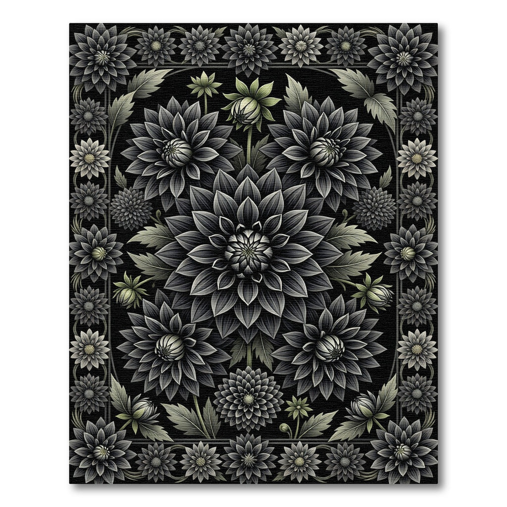 Monochromatic Botanical Dahlia Floral Black Rug