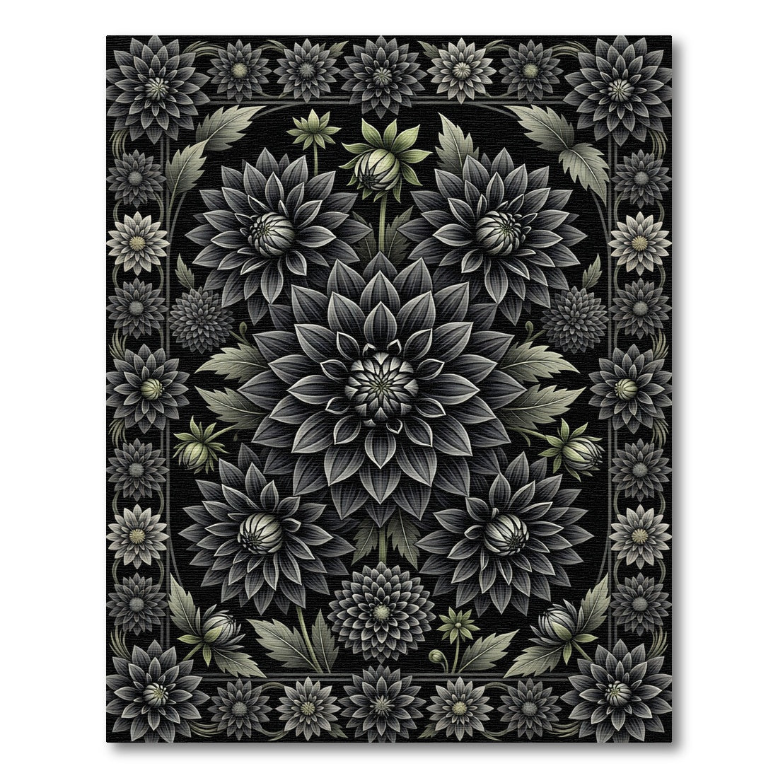 Monochromatic Botanical Dahlia Floral Black Rug