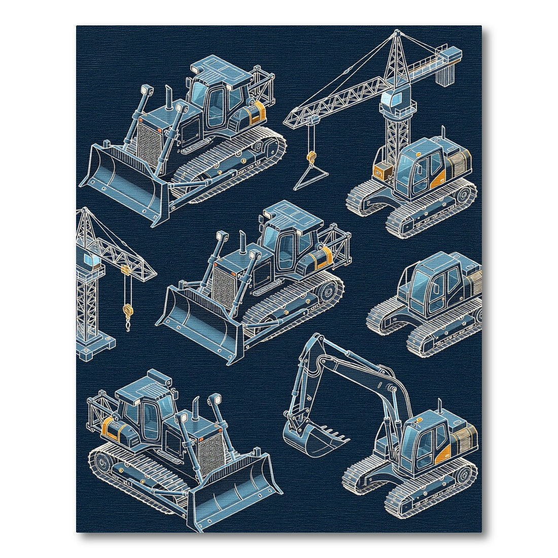 Isometric Heavy Machinery Construction Blue Rug