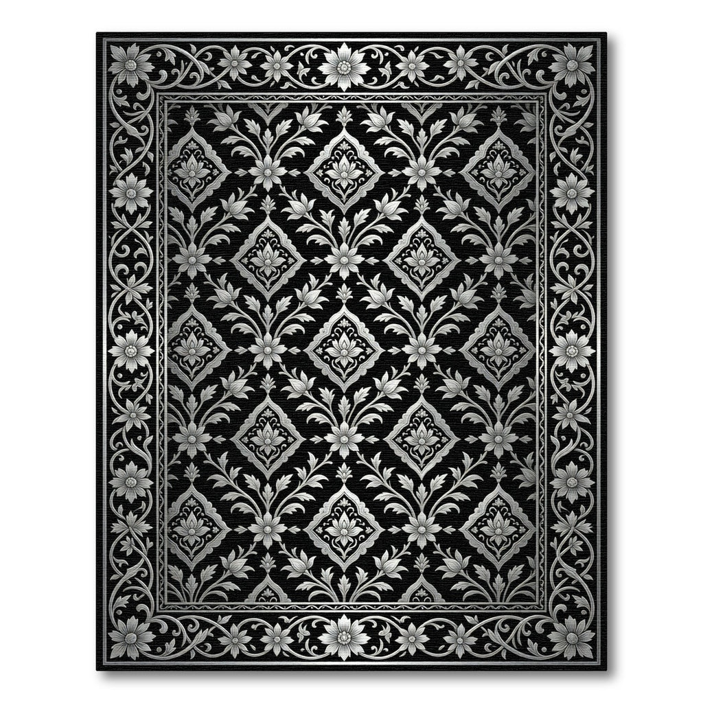 Classic Black Silver Floral Medallion Rug