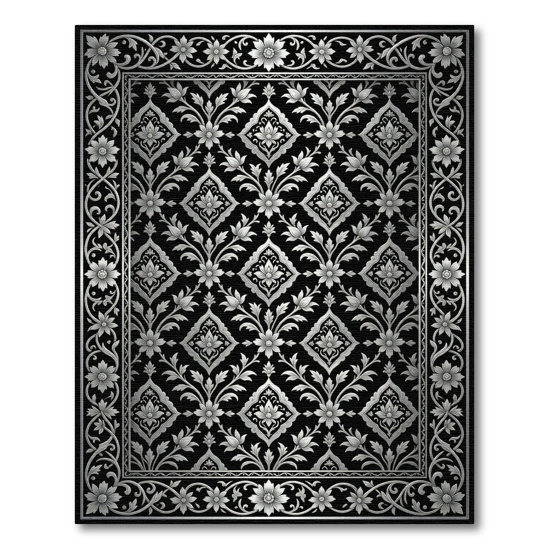Classic Black Silver Floral Medallion Rug