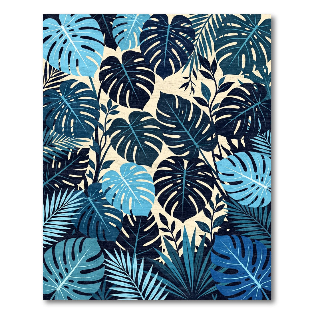 Tropical Leafy Blue And Beige Composition Rug