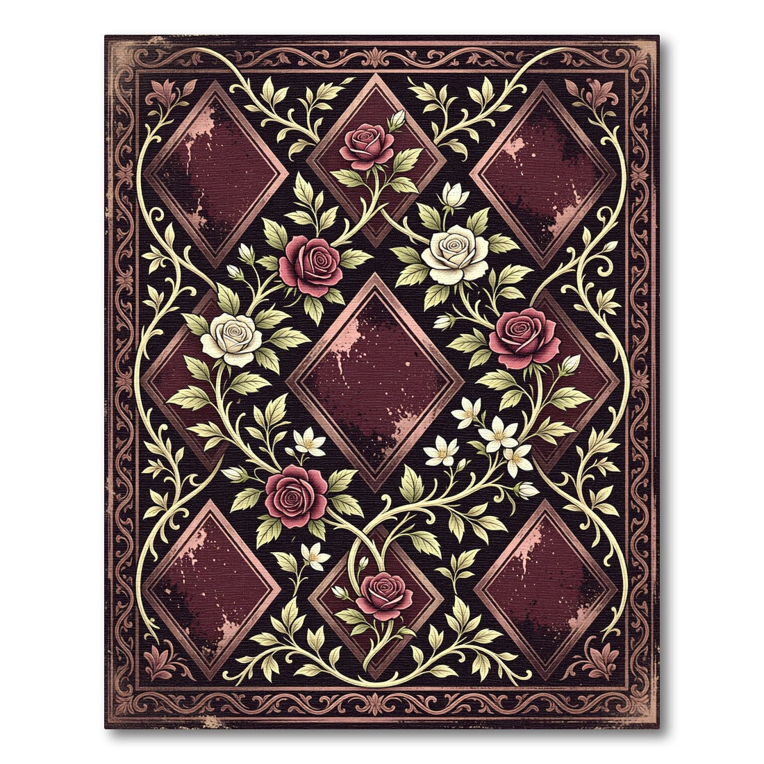 Elegant Crimson Rose Diamond Botanical Rug