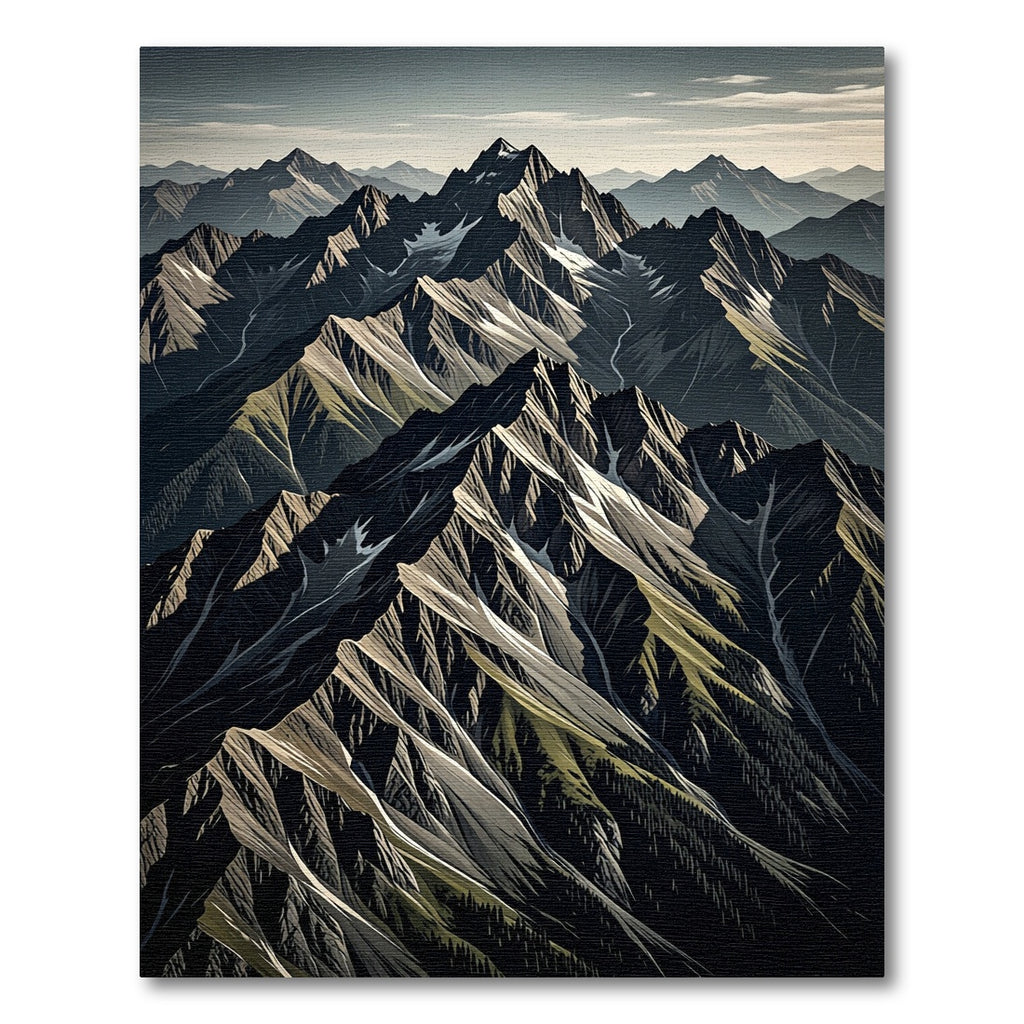 Jagged Mountain Peaks Over Gray Landscape Rug