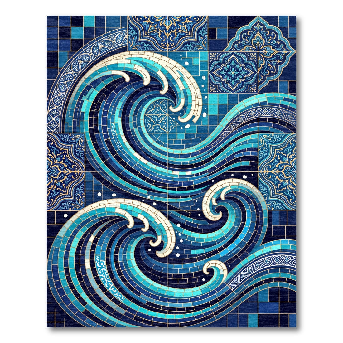 Deep Blue Mosaic Ocean Wave Tiles Rug