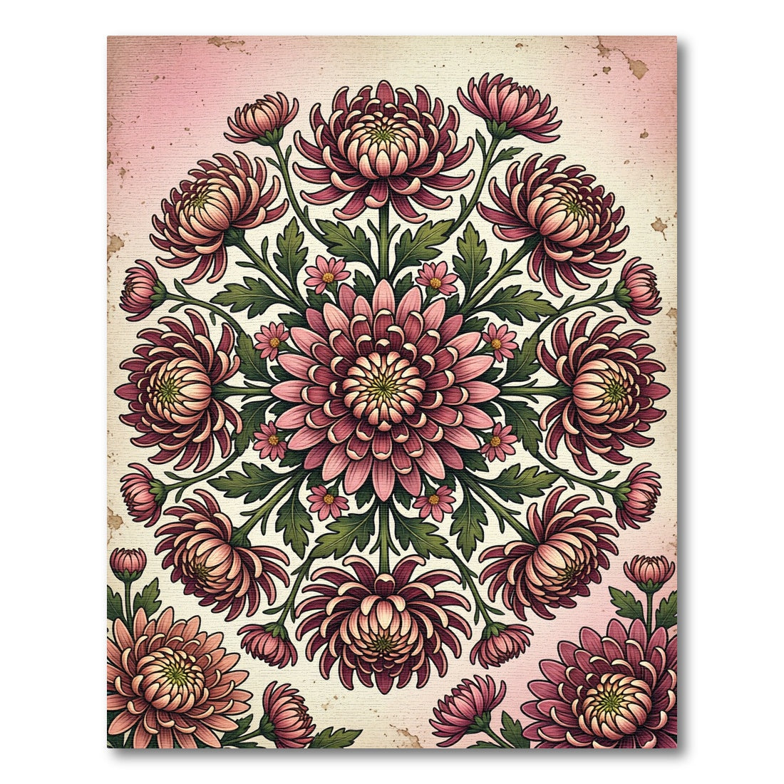 Vintage Pink Chrysanthemum Floral Mandala Rug
