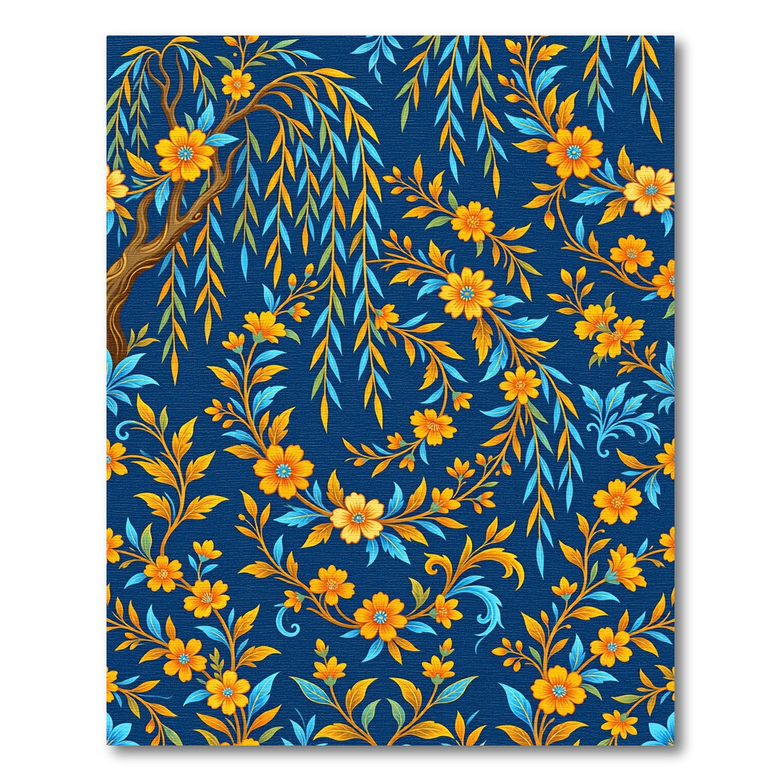 Botanical Willow Branch Golden Floral Navy Rug