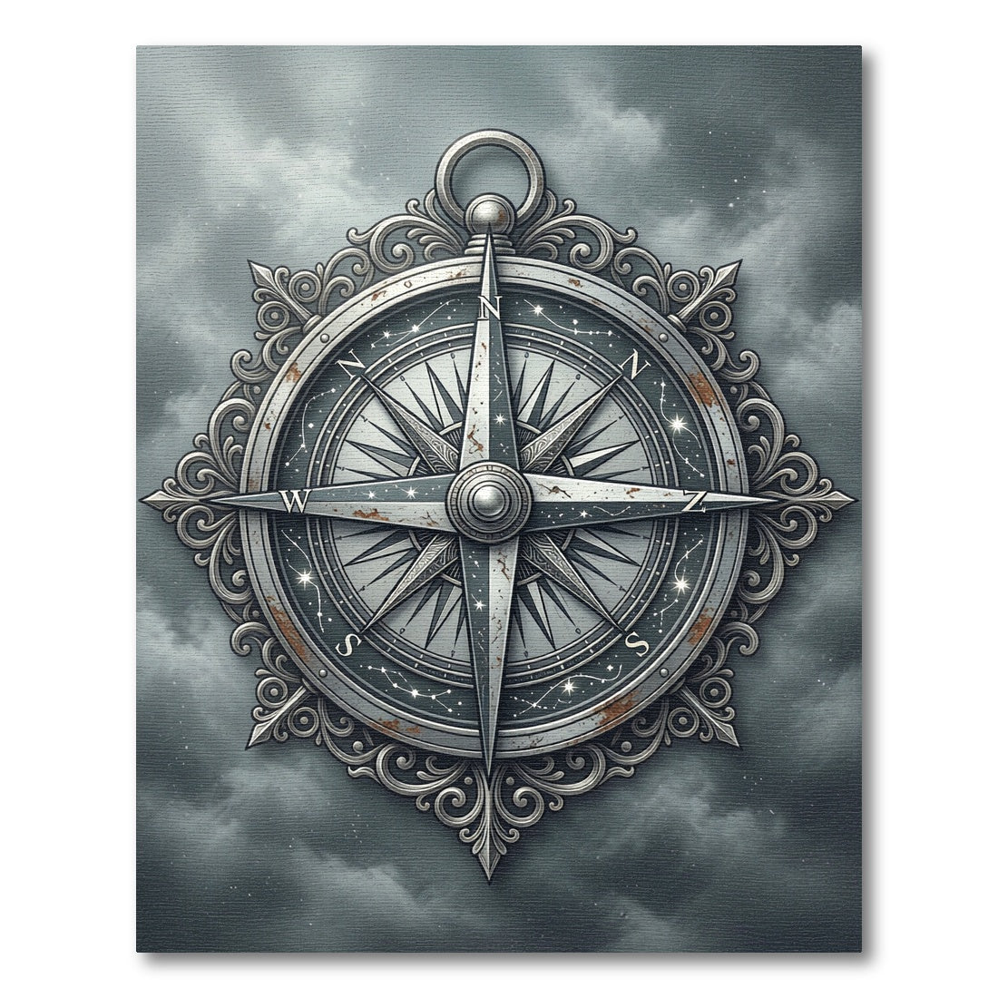 Antique Silver Celestial Compass Medallion Rug