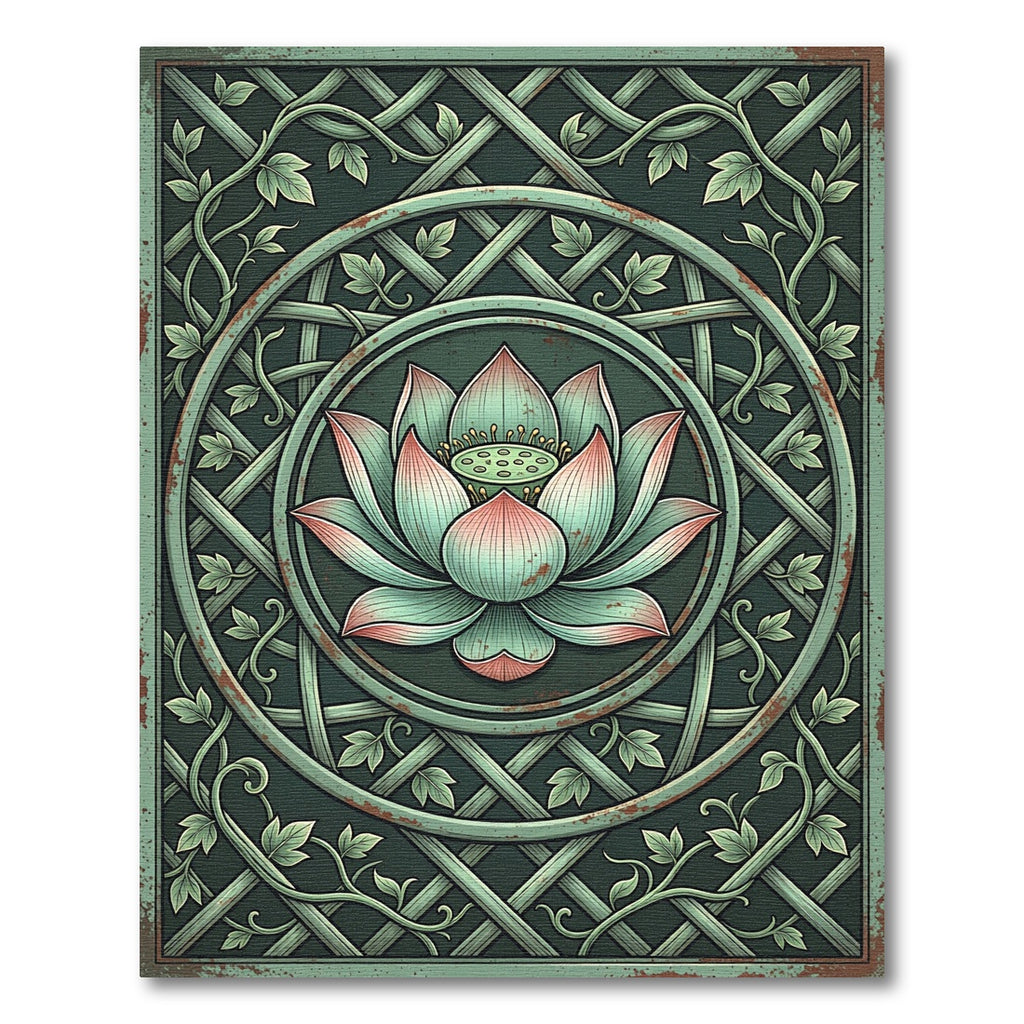 Vintage Sage Green Lotus Lattice Medallion Rug