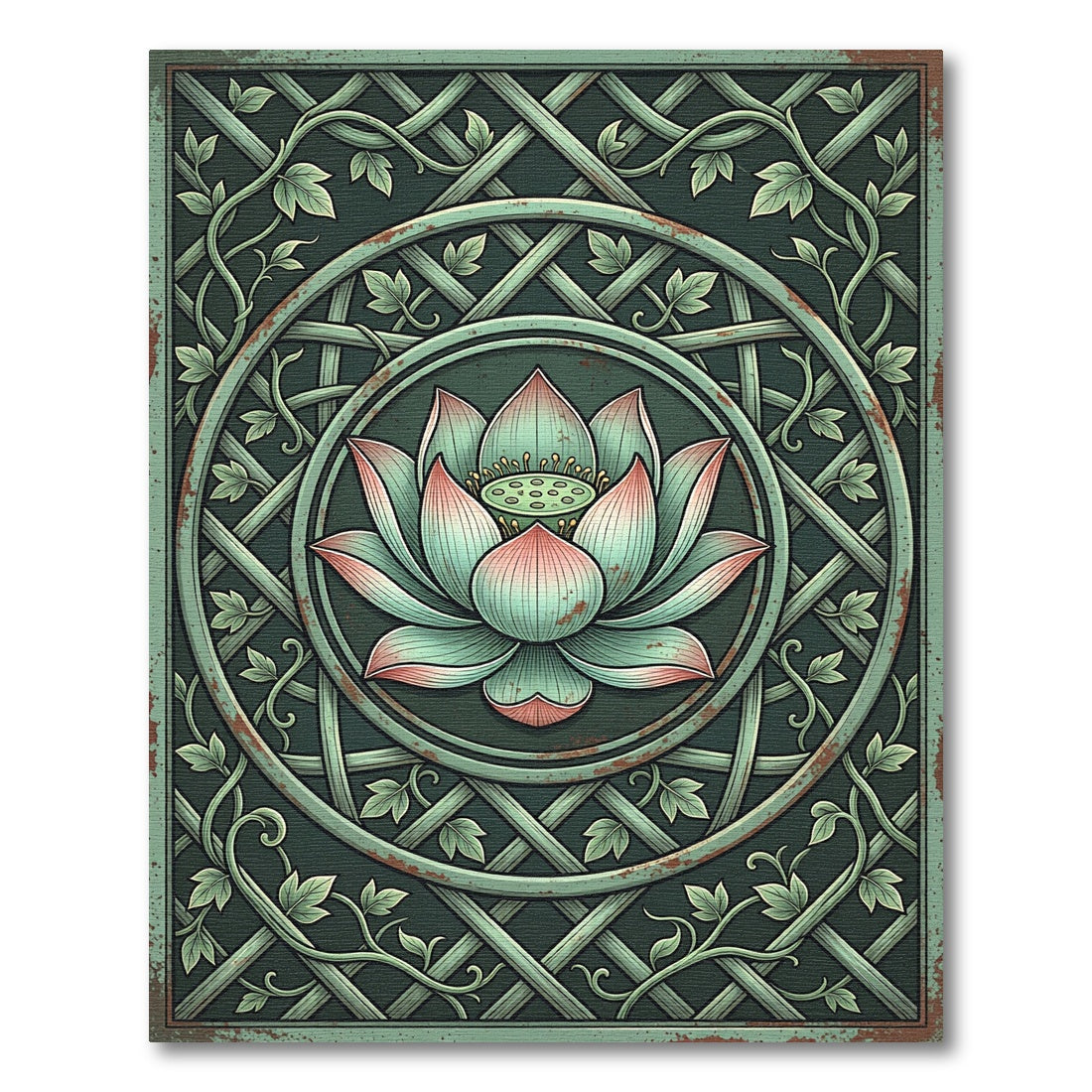 Vintage Sage Green Lotus Lattice Medallion Rug