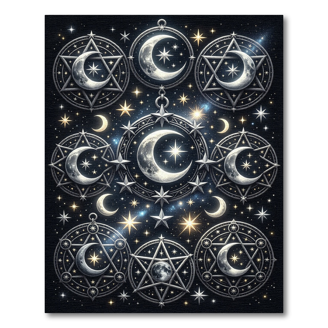 Celestial Silver Moon and Star Medallion Rug