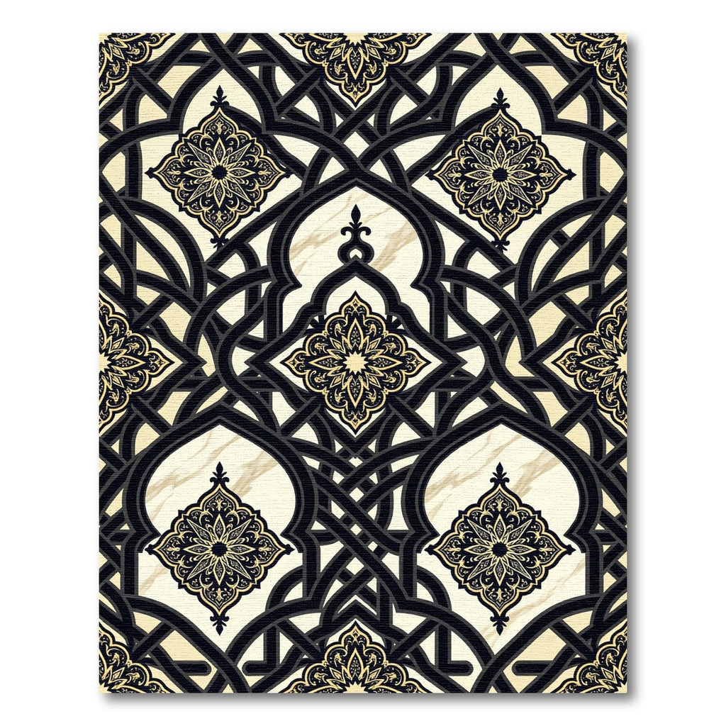 Elegant Black Gold Ornate Arched Trellis Rug