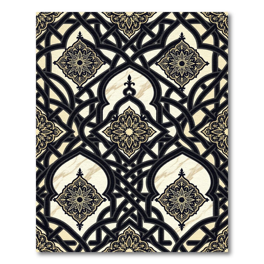 Elegant Black Gold Ornate Arched Trellis Rug