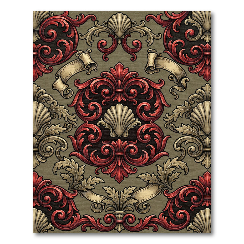 Ornate Red Gold Baroque Scroll Rug