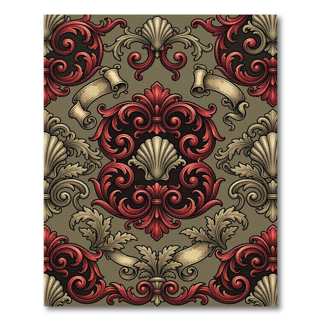 Ornate Red Gold Baroque Scroll Rug