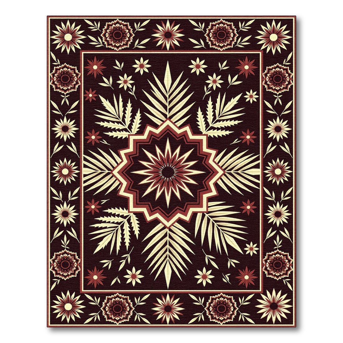 Deep Red Floral Sunburst Medallion Rug