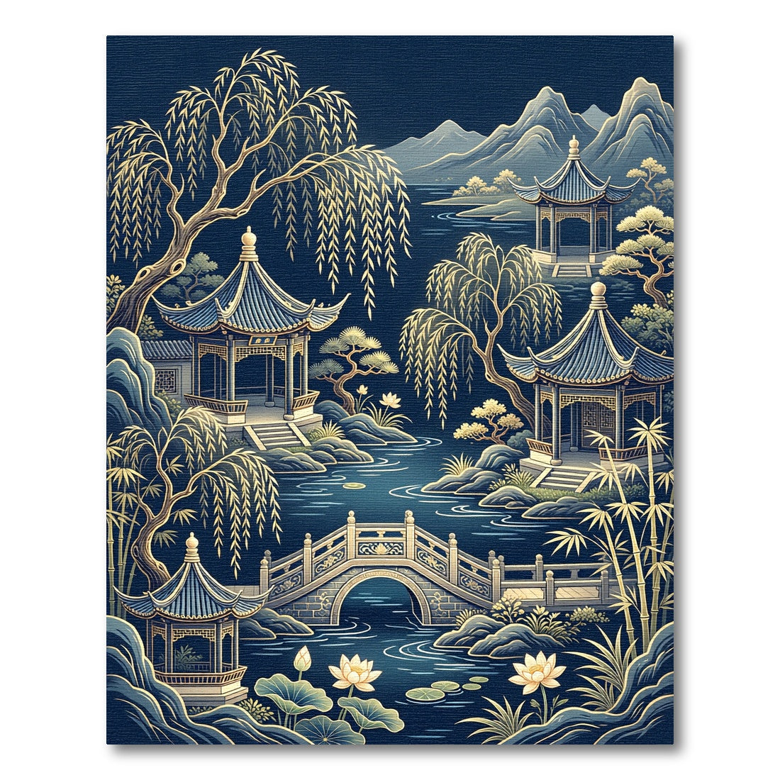 Golden Willow Pagoda Zen River Landscape Rug