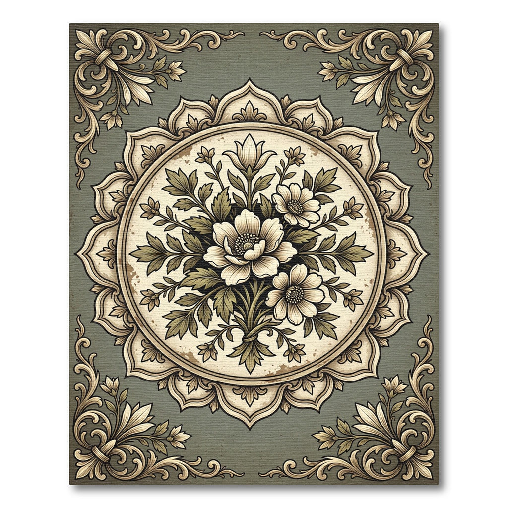 Vintage Sage Floral Medallion Illustration Rug