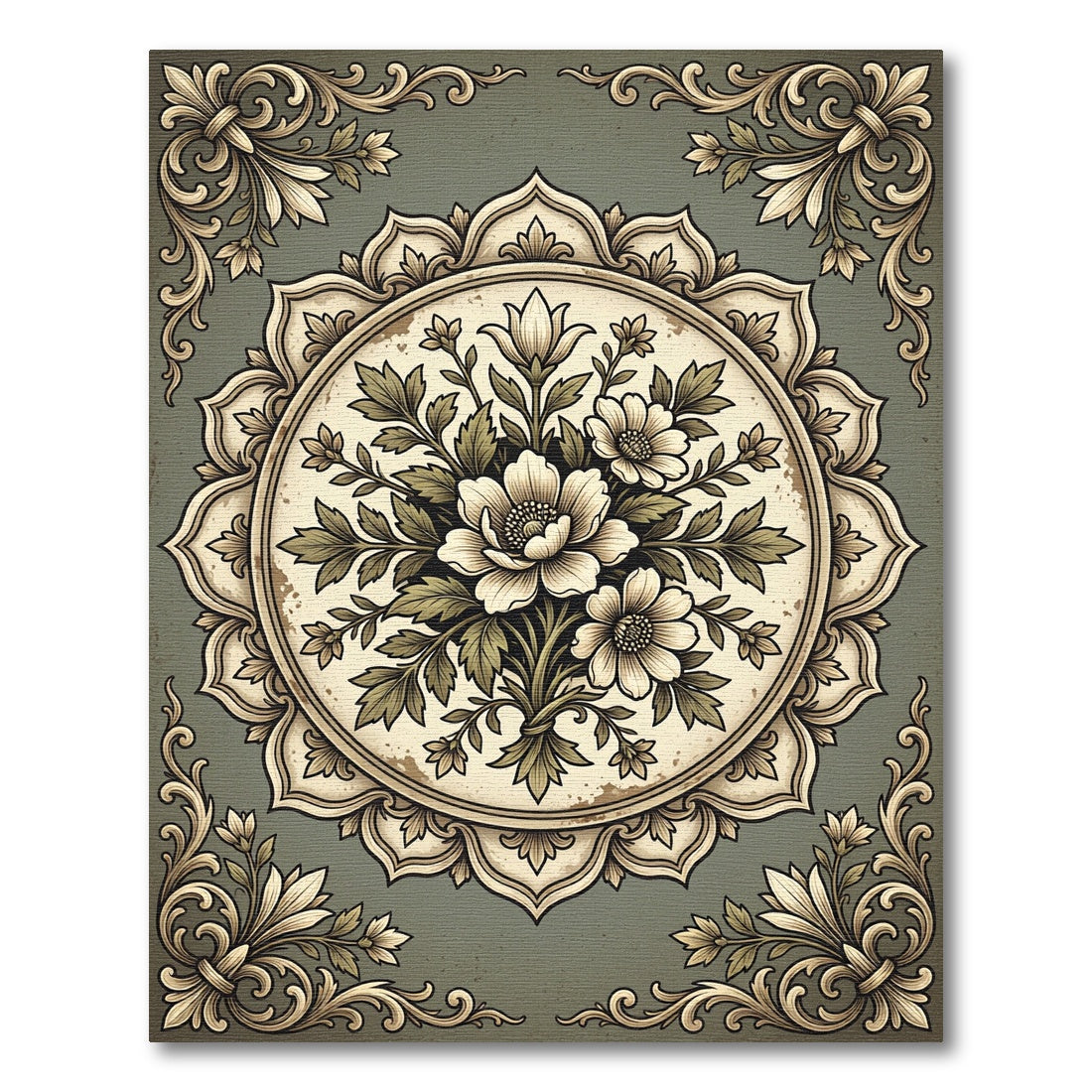 Vintage Sage Floral Medallion Illustration Rug
