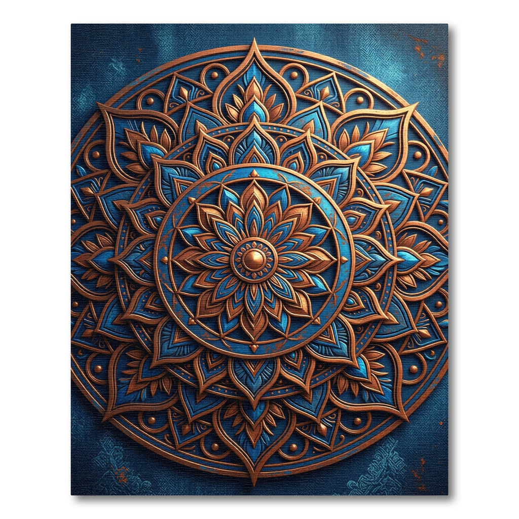 Ornate Blue Gold Floral Mandala Rug