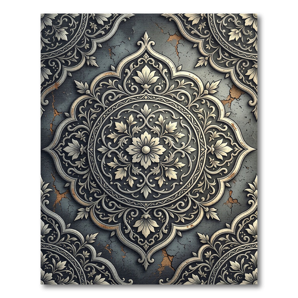 Elegant Antiqued Silver Floral Medallion Rug