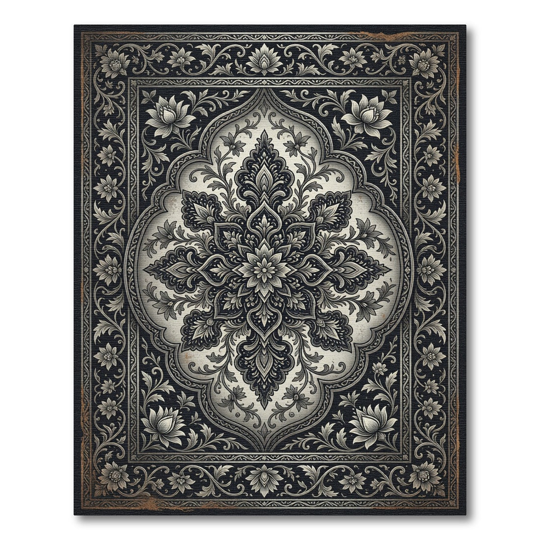 Ornate Black and White Floral Medallion Rug