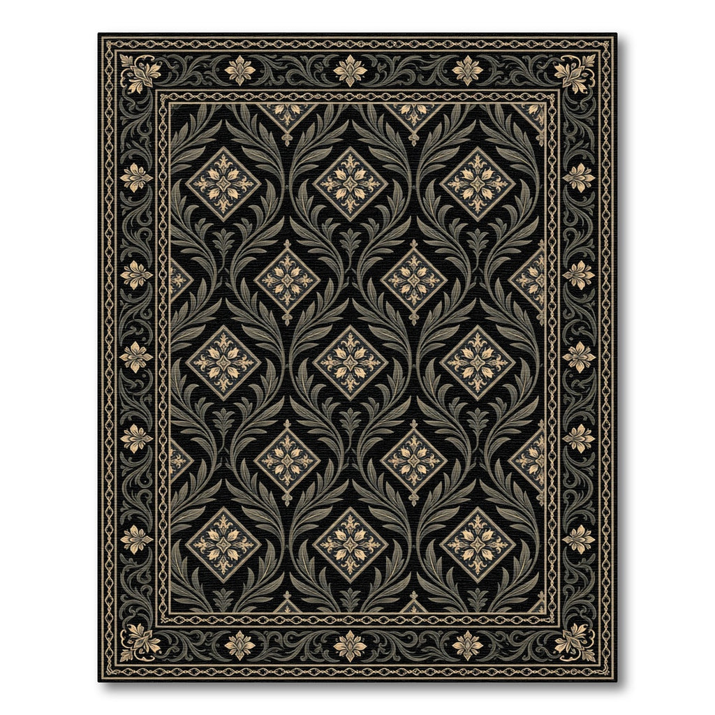 Ornate Black Floral Diamond Medallion Rug