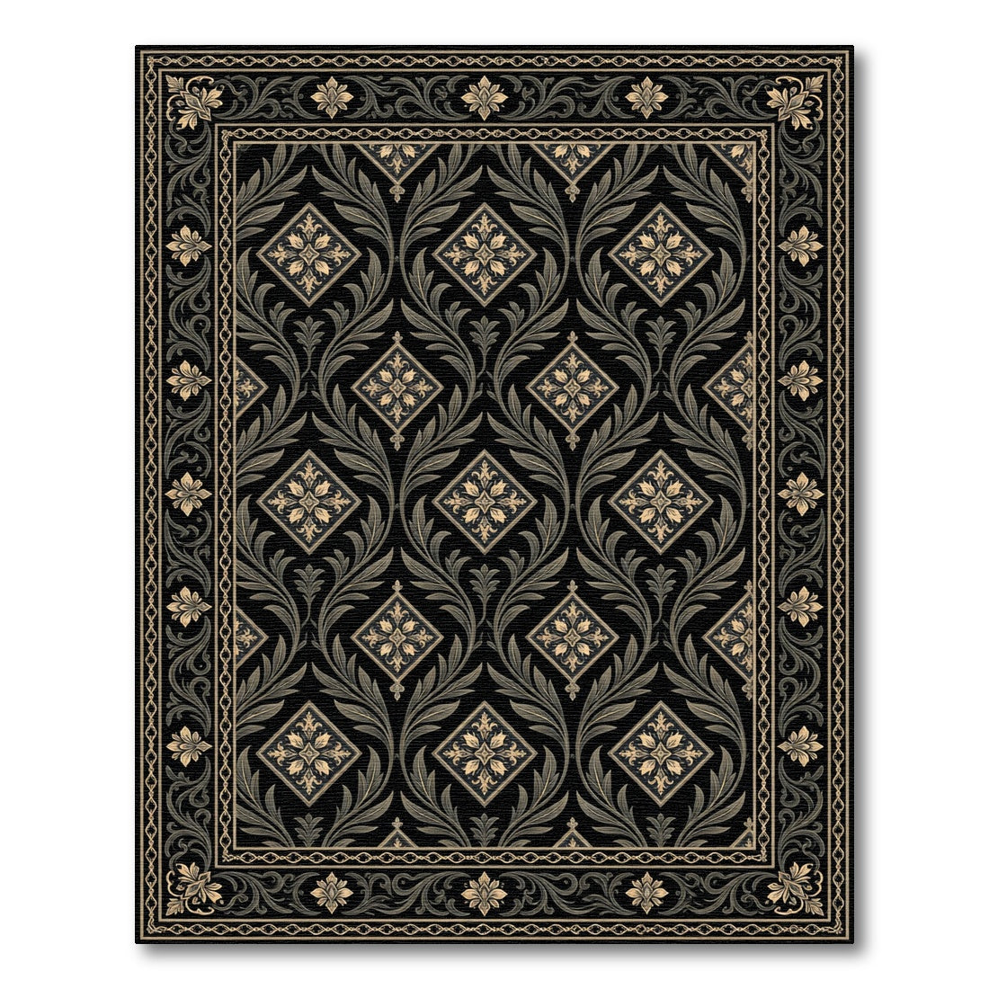 Ornate Black Floral Diamond Medallion Rug