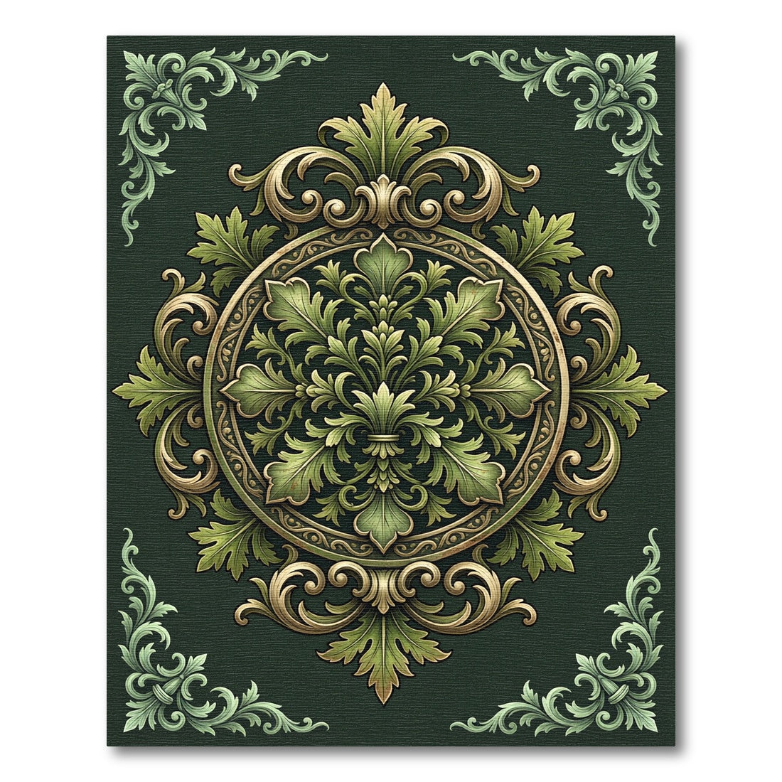 Ornate Green and Gold Acanthus Medallion Rug