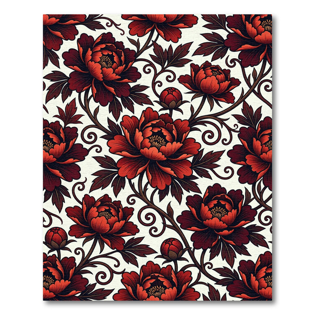 Crimson Peony Floral Scroll Rug