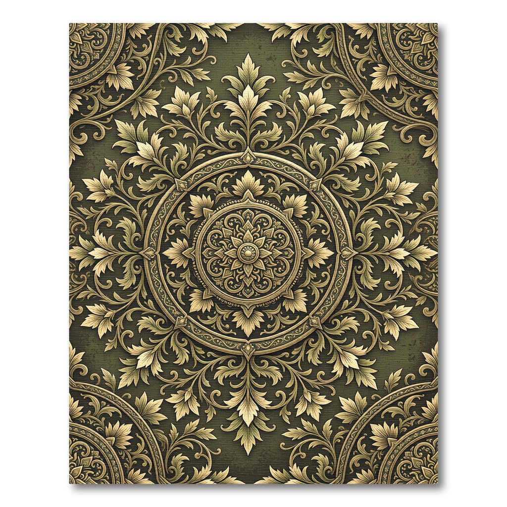 Elegant Golden Foliage Scroll Medallion Rug