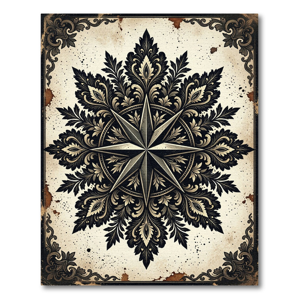 Gothic Ink Black Star Floral Medallion Rug