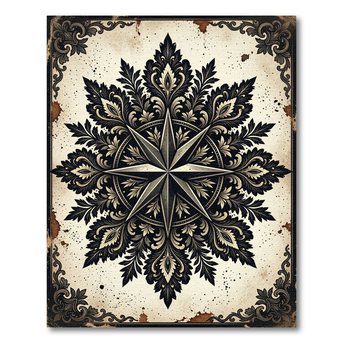 Gothic Ink Black Star Floral Medallion Rug
