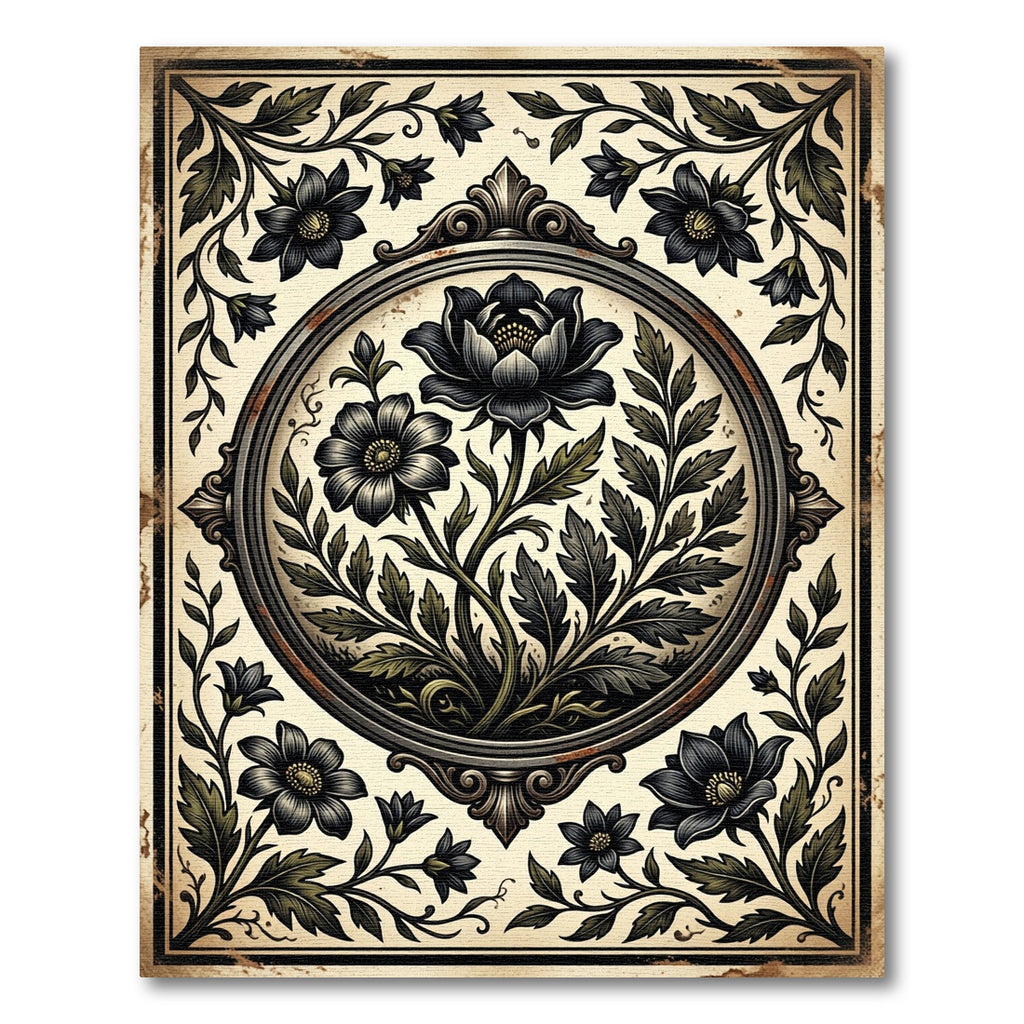 Vintage Black Floral Botanical Medallion Rug