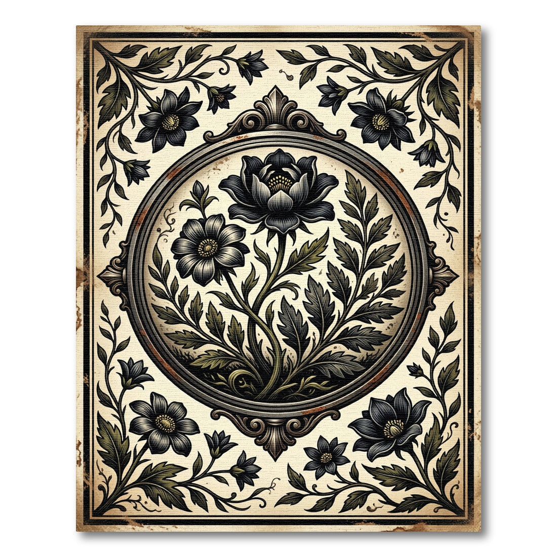 Vintage Black Floral Botanical Medallion Rug