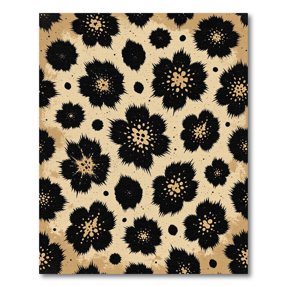 Black Spiky Floral Tan Sprayed Rug