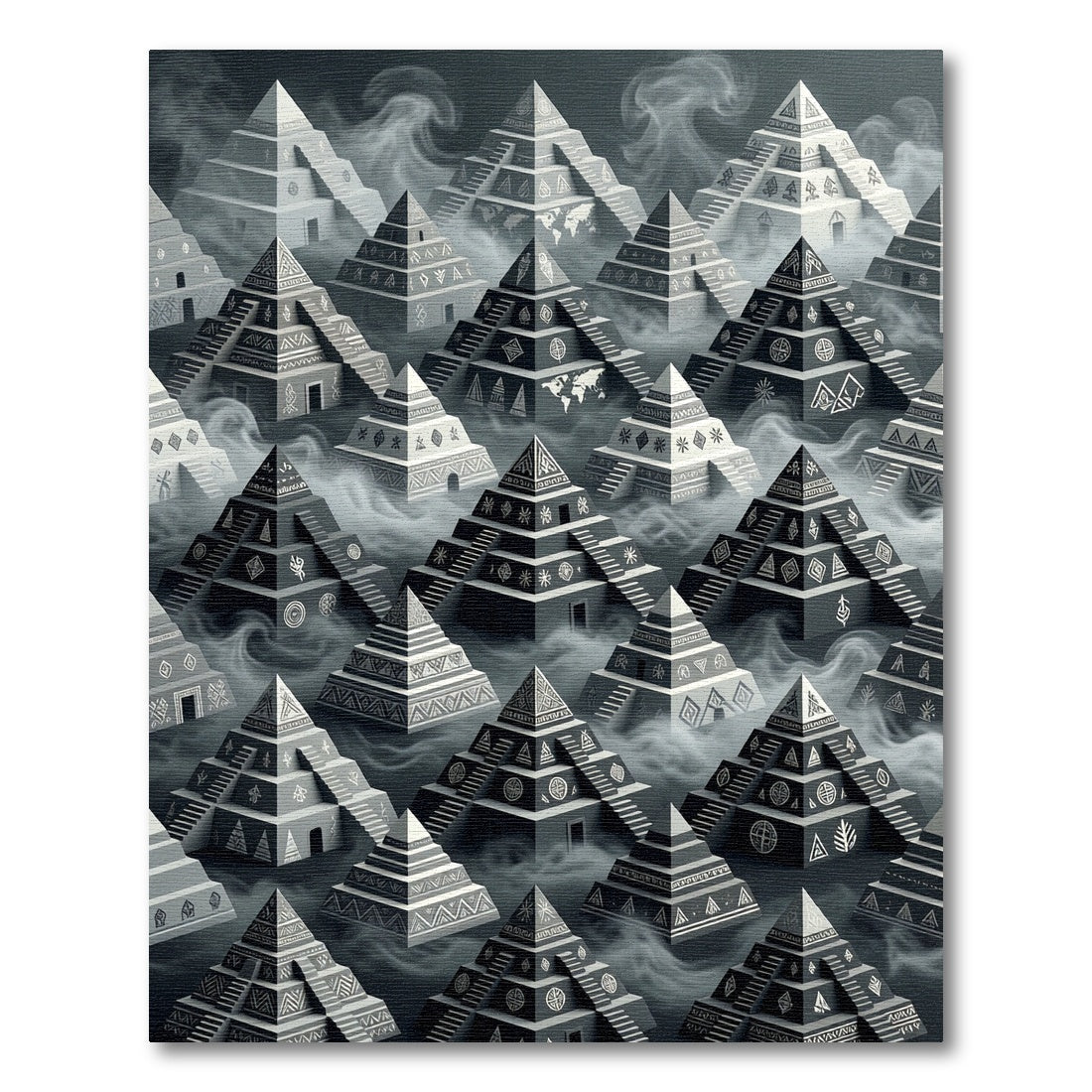 Monochromatic Tiered Pyramid Staircase Medallions Rug