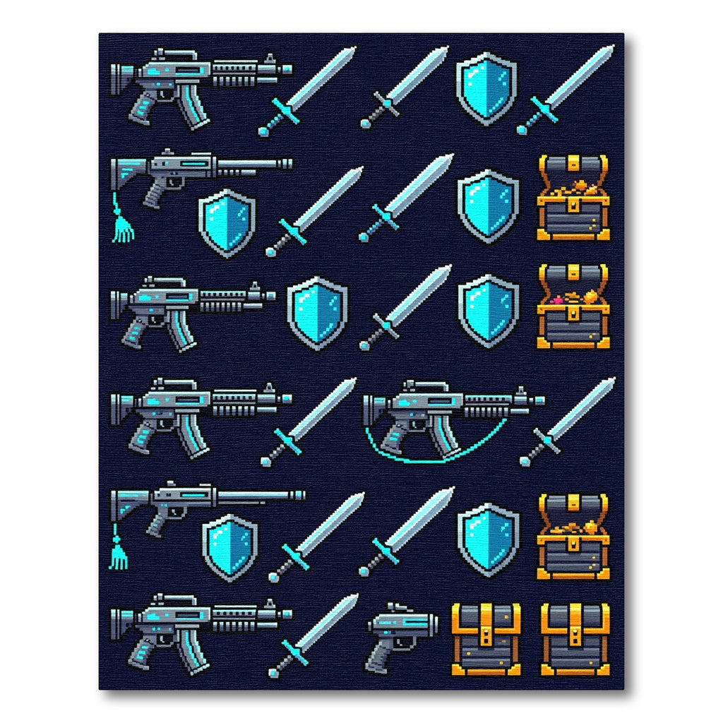 Neon Pixelated Fantasy Armory Game Grid Rug