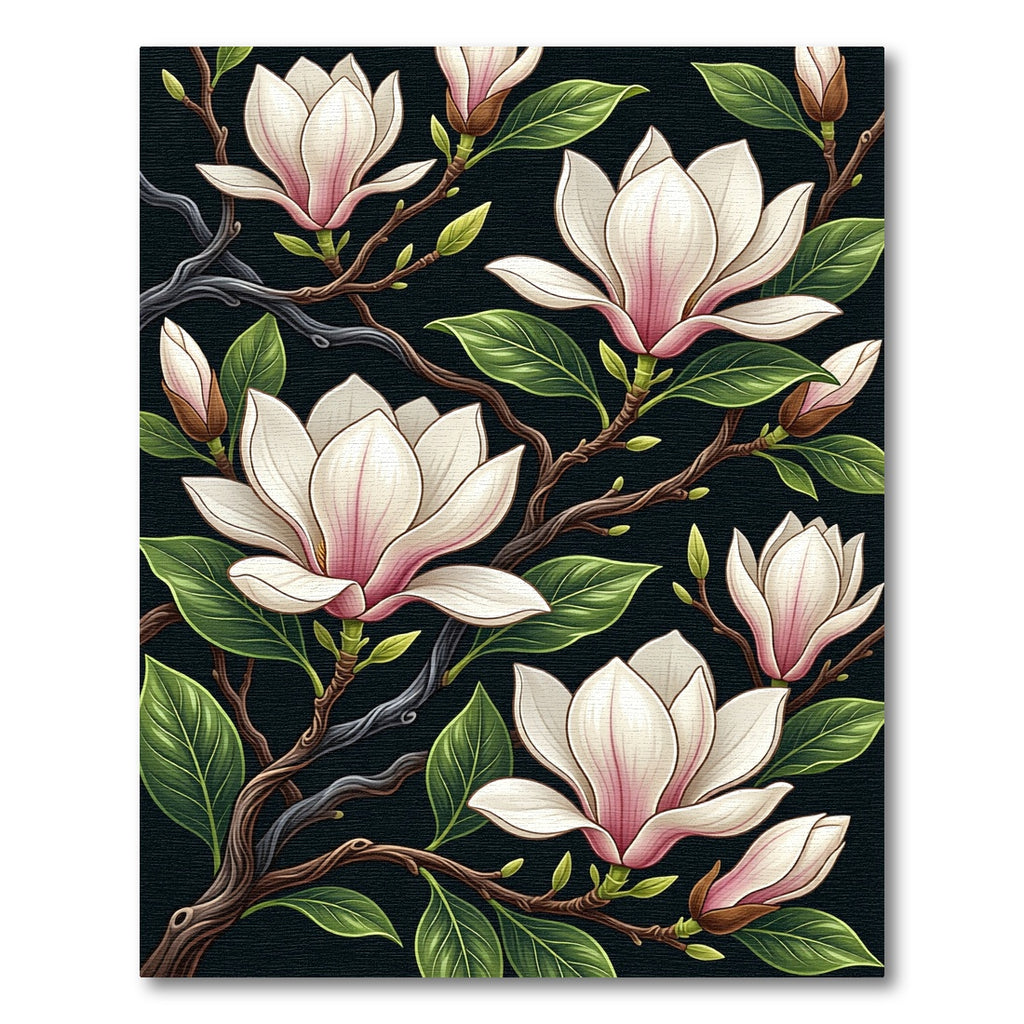 Elegant Magnolia Blooms on Black Background Rug