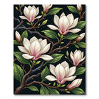 Elegant Magnolia Blooms on Black Background Rug