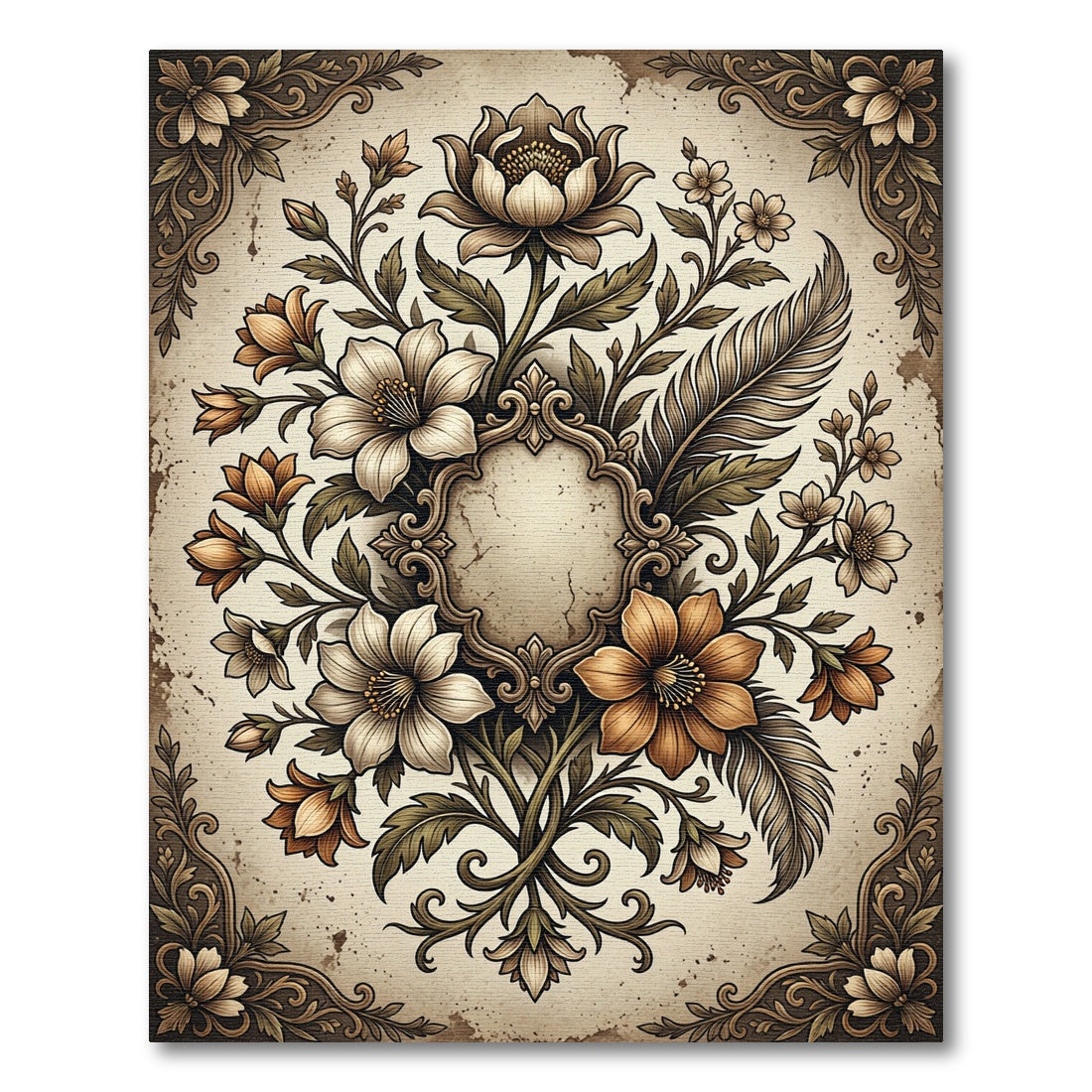 Vintage Floral Crested Feather Composition Rug
