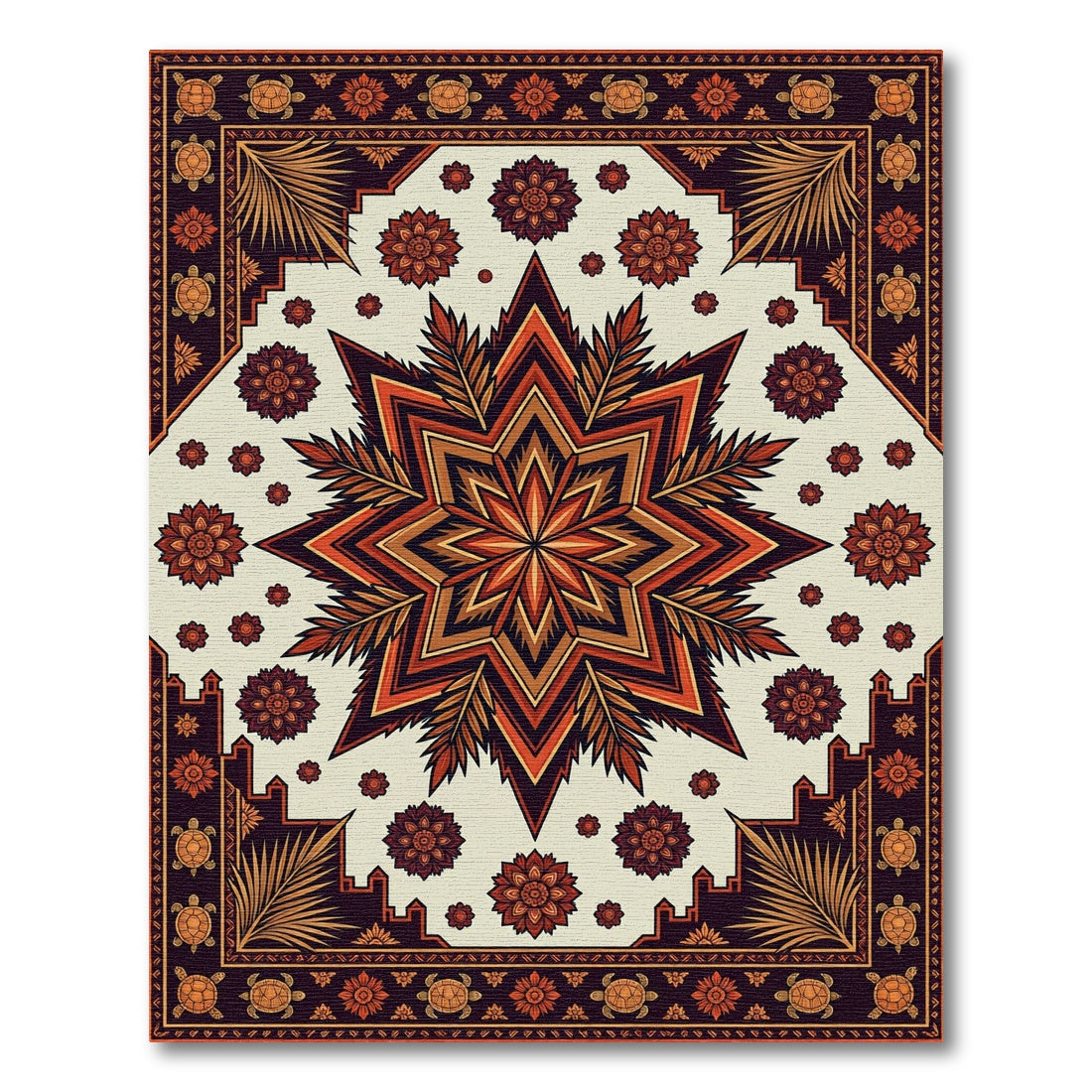 Burnt Orange Geometric Star Tortoise Medallion Rug
