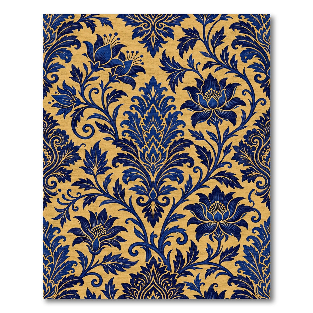 Blue Golden Damask Floral Scrolls Rug
