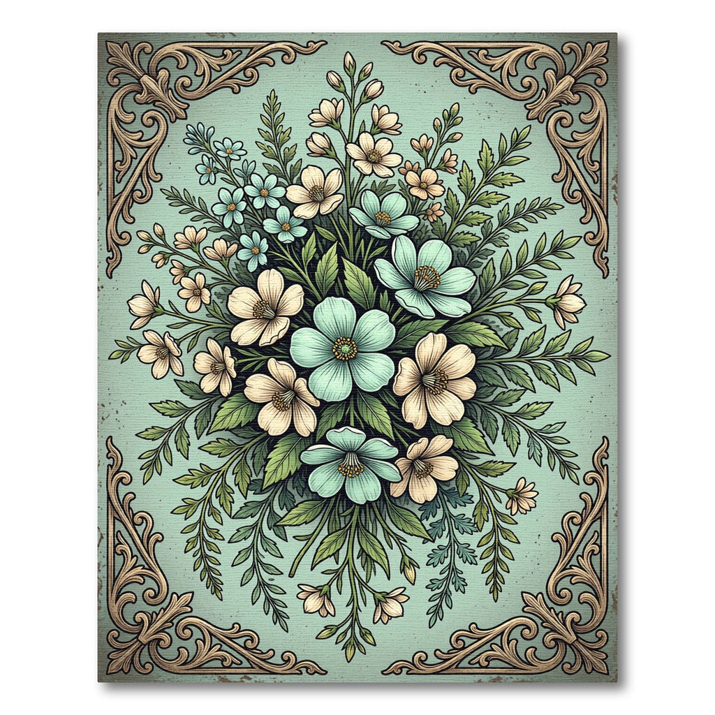 Vintage Aqua Floral Bouquet Illustration Rug
