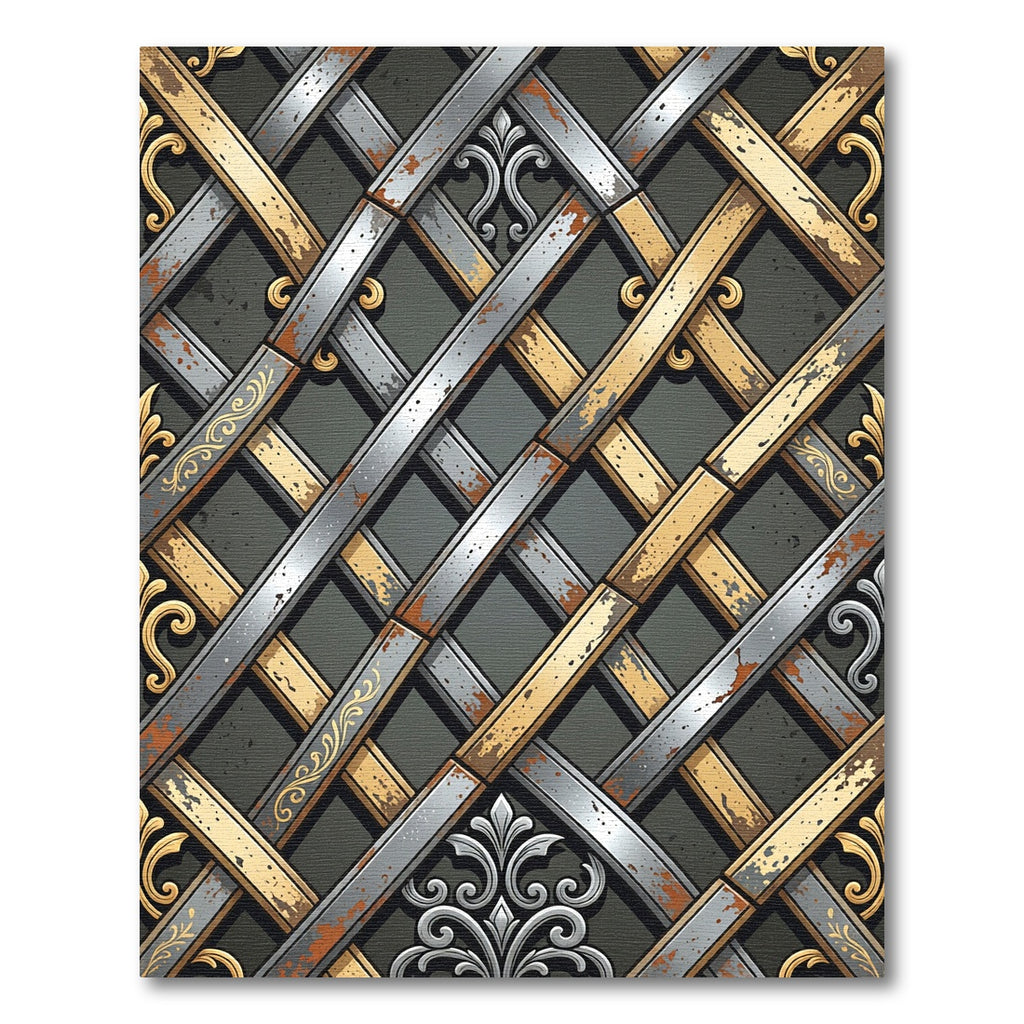 Ornate Gold Silver Interlocking Lattice Rug